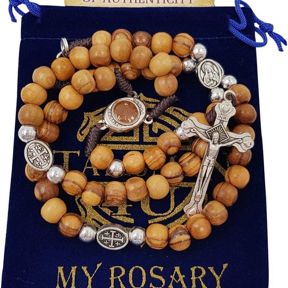 Olive Wood Beads Catholic Rosary Jerusalem Holy Soil Certificate in Blue Pouch - Picture 3 of 5